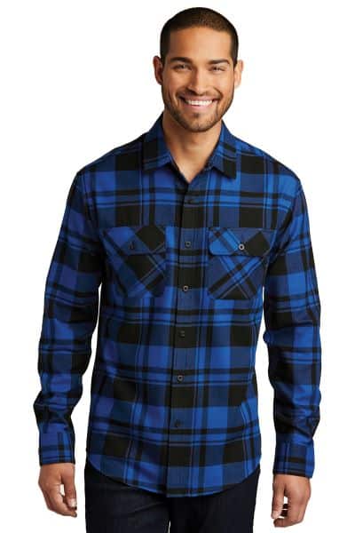 man wearing royal blue and black plaid flannel shirt