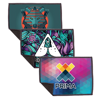 Logomark trio of custom dye-sublimated microfiber cleaning cloths