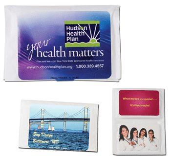 Facial Tissue Pocket Packs with 10 tissues tucked inside a logoed sleeve